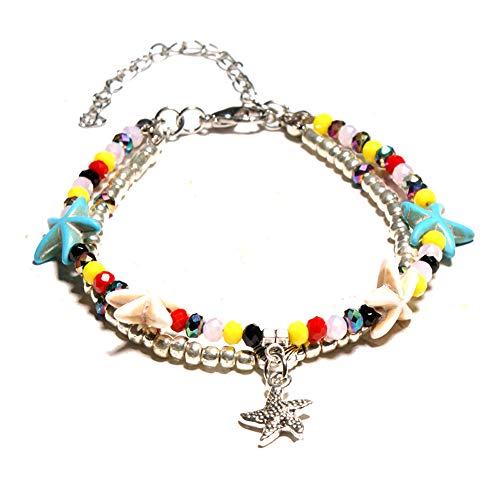 Image of Softones Blue Starfish Turtle Anklet Multilayer Charm Beads Sea Handmade Boho Anklet Foot Jewelry for Women