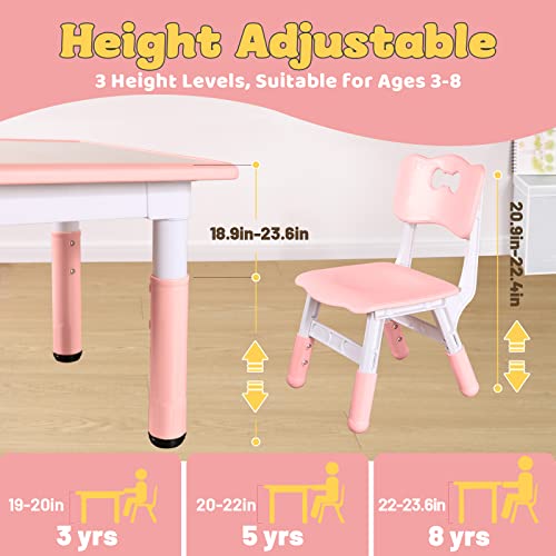 Funlio Kids Table And 4 Chairs Set, Height Adjustable Toddler Table And Chair Set For Ages 3-8, Easy To Wipe Arts & Crafts Table, For Classrooms/Daycares/Homes, Cpc & Ce Approved (5-Piece Set) - Pink #TOP2