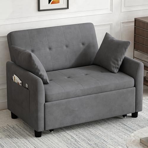 AYEASY Sleeper Sofa Bed, 3 in 1 Convertible Sleeper Couch Bed Pull Out, Small Loveseat Sofa, Futon Sofa Bed Full Size, 46\" Velvet Love Seat with Pillow and Phone Holder for Living Room, Grey - Thumbnail 6