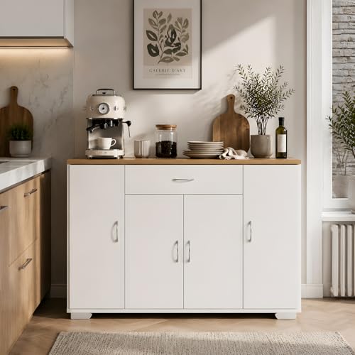 GOKHOMX Buffet Salle à Manger Meuble Bas Cuisine 30cm Profondeur, Meuble Bas Rangement Scandinave Bois et Blanc avec 4 Portes et 1 Tiroir, Idéal pour...