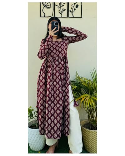 Image of Dhanna Fashion Women's Cotton Floral Print Kurta,Long Sleeve, A-Line Style