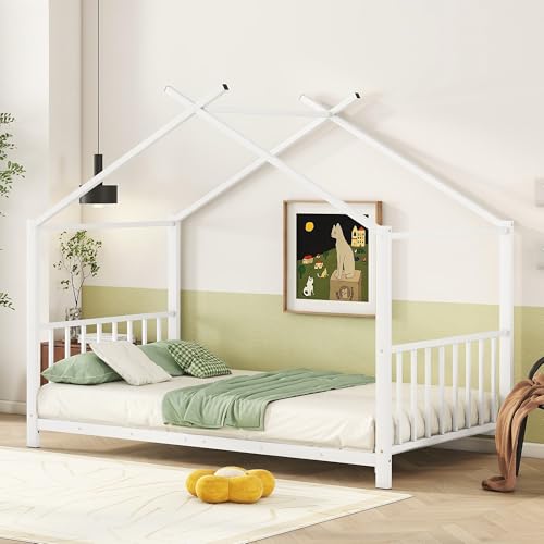 Twin Size Kids Montessori Floor Bed,House Bed Frame with High Headboard,Twin Floor Bed with Roof for Boys Girls,Floor Bed Metal Frame (White)