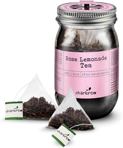 Charbrew Rose Lemonade Tea - 16 Fine Mesh Pyramid Teabags with String & Tag in Reusable Glass Mason Jar | Premium Herbal Tea Blend with Hibiscus, Chamomile, Rosehips & Lemon Peel