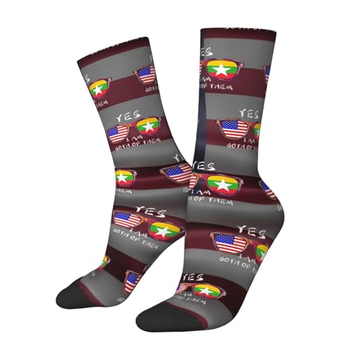 Sunglass Burmese America Flag Adult Polyester Crew Socks Breathable Moisture-Wicking Athletic Running Gym52