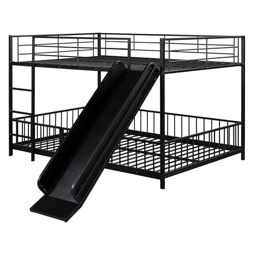 SOFTSEA Full Over Full Size Bunk Bed with Slide and Door, Metal Bunk Bed Frame with Safety Guardrail and Ladder for Kids, No Box Spring Needed, Easy Assembly, Black - Thumbnail 4