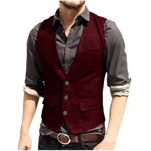 Men's Tweed Suit Vintage Vest Herringbone Wool Prom Waistcoat V Neck Button down Suit Vest