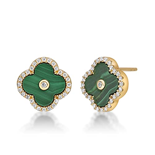 Lavari Jewelers Four Petal Halo Flower Stud Earrings for Women - Black Onyx Mother of Pearl Malachite Cubic Zirconia in 925 Sterling Silver - Hypoallergenic Gold Plated - 11 MM Push Back Studs for Her