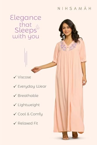Image of NIHSAMAH Viscose Nighty for Women, Embroidered & Printed Stylish Night Gown, Long Sleeve Comfortable Sleepwear Long Nightwear, Maxi