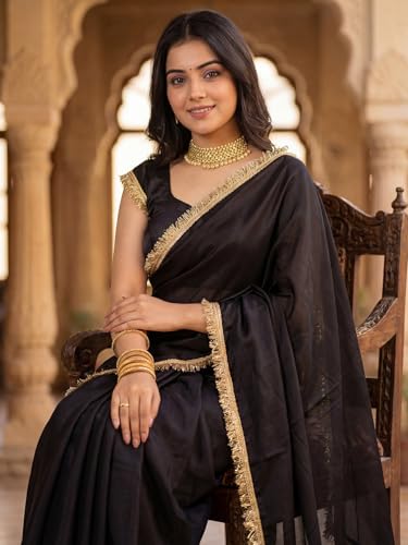 Image of AKHILAM Women's Shimmer Net Solid Saree With Unstitched Blouse Piece