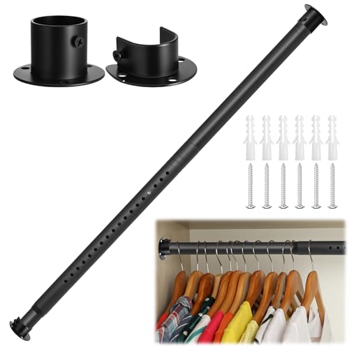 Heavy Duty Extendable Wardrobe Rods, 73-100CM Adjustable Closet Hanging Pole Stainless Steel Clothing Hanging Rail Pole with Fixing Sockets for Wardrobe, Balcony and Clothing Hanging, 32MM(Black)