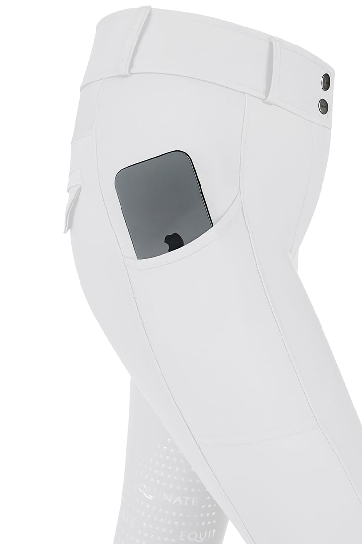 Equinate Romy - Pantalones de equitación para mujer con ribete en las rodillas, bolsillos para teléfono móvil y aplicaciones con purpurina, transpirables, elásticos, antideslizantes