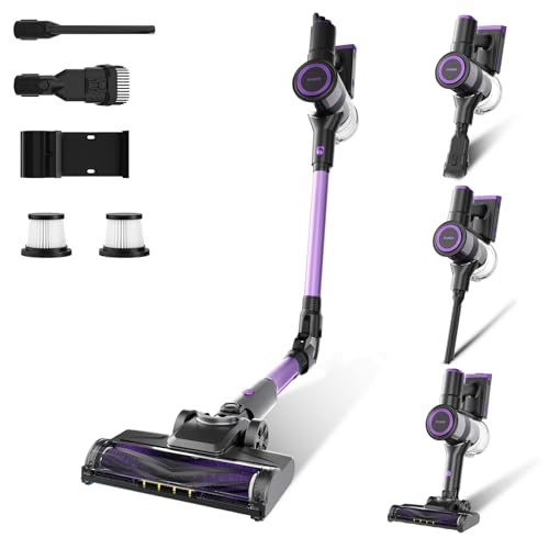 Stanew Aspiradora sin Cable, 55Kpa Escoba Aspiradora, 450W Motor sin Escobillas, 35 Minutos de Funcionamiento, LED, para Alfombras de Pelo de Mascota, Coches, Sofás, Morado