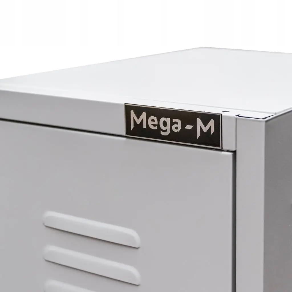 MEGA-M Szafka BHP ubraniowa pracownicza 1-drzwiowa | metalowa szafa z półką, drążkiem, haczykami, wentylacją i zamkiem, 36 × 50 × 180 cm, szara Bullet Points