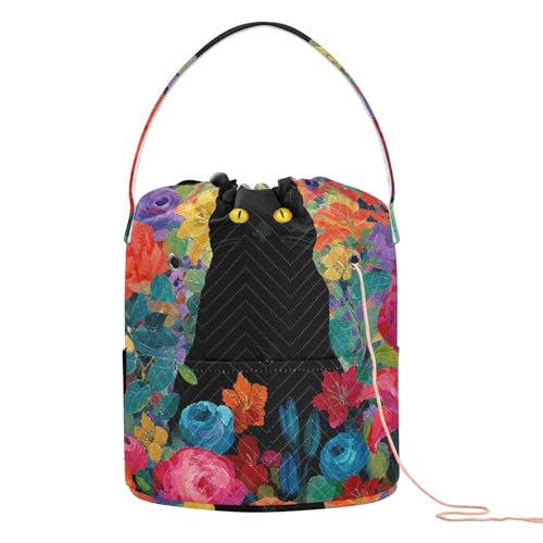Image of ElliTarr Crochet Bag Yarn Bag with Handle Portable Knitting Project Bag Travel Yarn Storage Organizer Holder Case Cats Rose Lily Flowers Colorful
