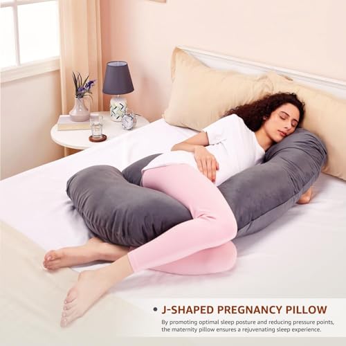 Image of Amazon Basics Full Body Pregnancy Pillow for Maternity,Baby Nursing,Full Body Support-|Perfect Baby Shower Gift|J-Shaped-Washable Cover with Zip - Grey, Velvet (EVAB JS PP GY)