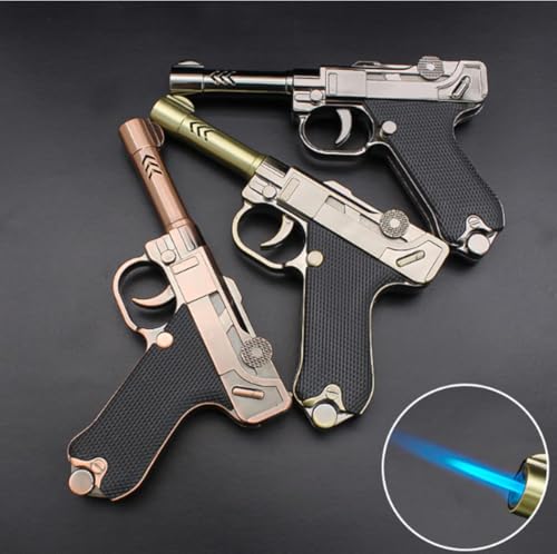 Image of Antique Pistol Shaped Gun Lighter, Metalic Finish with Black Grip, Windproof Blue Jet Flame Torch Lighter, Refillable and Adjustable Flame Gas Lighter (Random Color - Brown /Green /Silver)