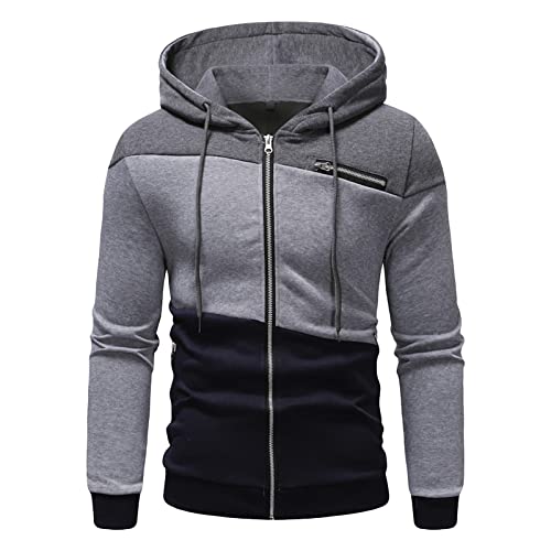 Men'S Lightweight Full-Zip Hooded Loose Fit Color Block Long Sleeve Fashion Drawstring Outdoor Sweatshirt, Gray, Medium