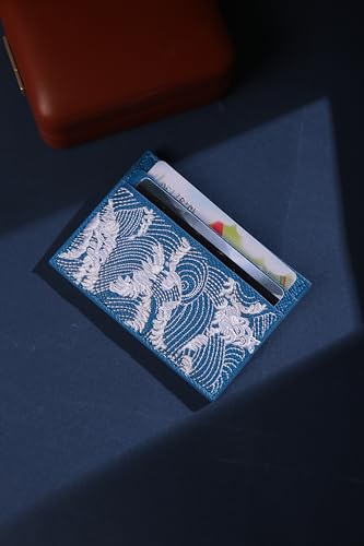 Slim Leather Card Holder with Wave Design, RFID Blocking, Blue and White, 2.76" x 3.942