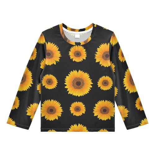 DOMIKING Sunflower Blossom Black Boys Long Sleeve Rashguard Shirt Kids Quick Dry Swim Shirt for Toddler Kid 11-12T