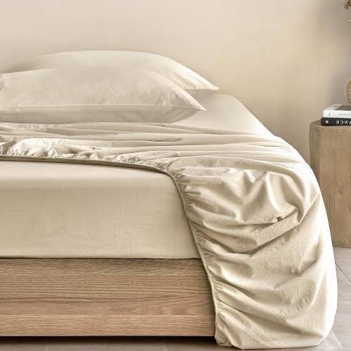 JELLYMONI 100% Washed Cotton Queen Fitted Sheet, 16-Inch Deep Pocket