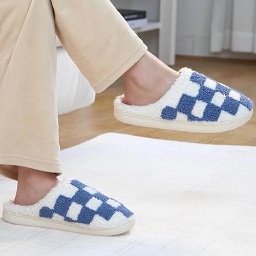 Image of Checkered Slippers for Women and Men - Fuzzy House Slippers with Memory Foam, Comfy Plush Fluffy Indoor House Shoes, Cozy Warm Slip on Bedroom Slippers with Non-Slip Sole