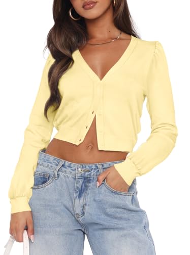 Ezbelle V Neck Sweater Cardigan for Womens Crop Sexy Shirts Summer Long Sleeve Knit Tshirt Ladies Vacation Shrug Sweaters Jackets LightYellow M