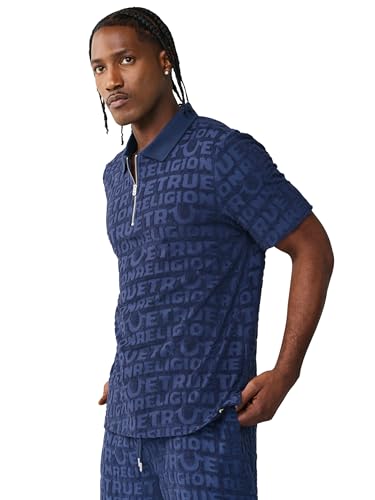 Polo True Religion para hombre de manga corta con logo de punto Terry, rayas universitarias y cuello con muesca en V miniatura 2
