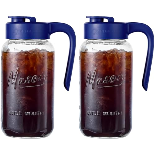 Image of Mason Jar Pitcher, 2 pcs 64 oz (2 quart), Glass Pitcher with Lid | Airtight, Leak proof, Ergonomic Handle, Pour Spout Lid, Fridge Safe, for Sun Tea, Iced Tea, Cold Brew, Lemonade, Outside