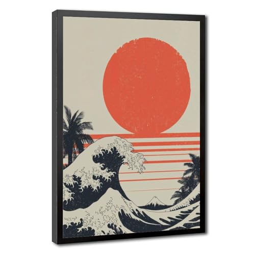 Tableau vague japonaise et soleil rouge | Toile vintage salon 61x91 cm