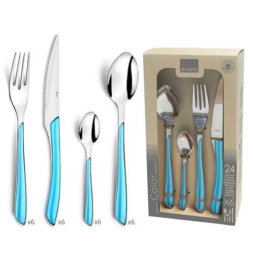 Amefa ECLAT - Set di posate in acciaio per 6 persone, lucidate, antiruggine, manici colorati, lavabili in lavastoviglie, in acciaio INOX e plastica, 24 pezzi, turchese/argento