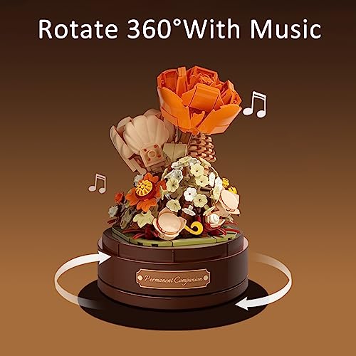 MEIEST Building Blocks Flowers Bouquet Set with Music Box and Dust-Proof Dome,DIY Simulation Artificial Particle Flower Collection Construction Building Bricks Toy,Home Decor (Yellow) - Image 4