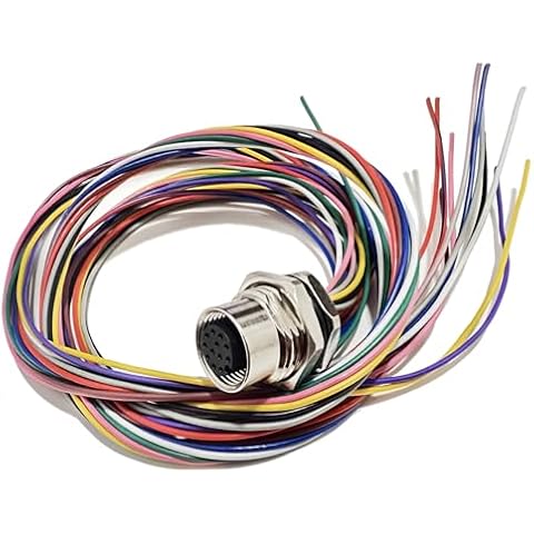 M12 Connector 12 Pin Female Panel Mount Straight A Code Aviation Socket 3.28ft Pre-Assembly Extension Pigtail Waterproof Power Connection Wireable Cable Industrial Round Receptacle Bulkhead Connectors Cover