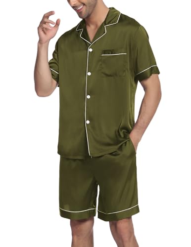 Image of Ekouaer Mens Satin Pajamas Set Button-Down Short Sleeve Shirt Top Soft Silk Sleepwear Shorts with Pockets