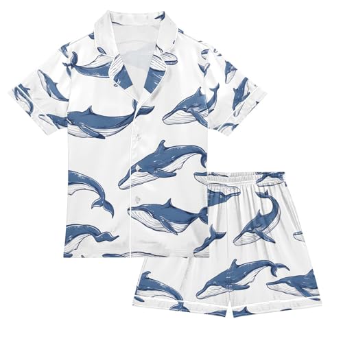 senya Blue Cute Whales Satin Summer Pajama Sets Silk Short Sleeve Button Down Sleepwear