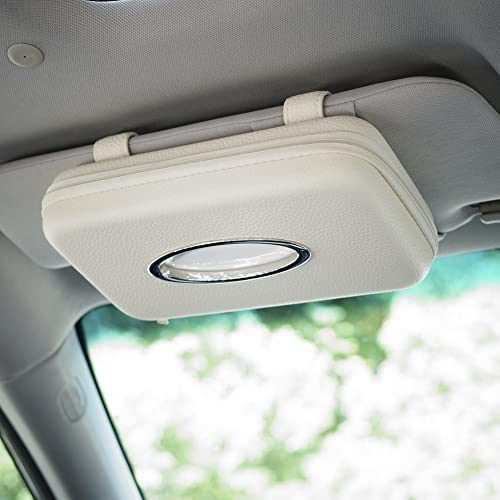 Cartisen Auto-Tücherhalter, Sonnenblende, Taschentuchhalter, Reißverschluss, Auto-Visier, Serviettenhalter, PU-Leder, Rücksitz-Tüchertasche für Auto, Fahrzeug (Beige)