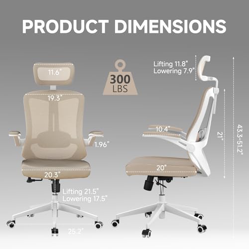 Image of Ergonomic Office Chair with Adjustable Lumbar Support & Flip-Up Armrests - High Back Computer Desk Chair with Thickened Seat Cushion, Rolling Wheels for Home /Office Study Work (07khaki)
