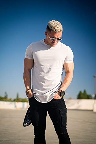 Youngla Mens Designer Fitted T-Shirts Long Drop Cut Workout Gym 402 Offwht Xl #TOP3