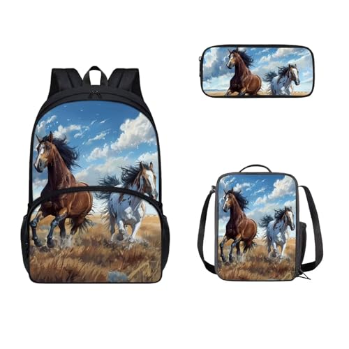 Zaino per bambini per la scuola Sachool zaino con portapranzo e astuccio 3 pezzi Stampa con cavalli. 17 pollici