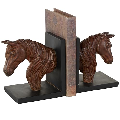 Deco 79 Resin Horse Decorative Bookends Head Non Skid Bookends with Black Stands, Set of 2 Office Bookends6 W, 6' H, Copper