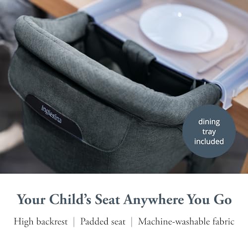 Image of Inglesina Fast Table Chair - Charcoal Gray Melange + Fast Dining Tray - Portable Baby High Chair - for Babies & Toddlers up to 37 lbs - Fits Tables 0.8'' to 3.5'' Thick - Compact - Travel Bag Included