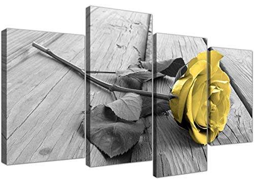 Yellow Grey Rose Flower Black White Floral Canvas White Valentine's Day Decor 51 Inches Wide,4 Pan - //coolthings.us