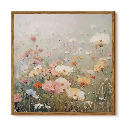 InSimSea Floral Square Canvas Wall Art 12x12 Framed Wildflower Meadow Paint