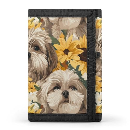 Shih Tzu And Sunflowers Slim Men's Tri-Fold Wallets With 8 Card Slot & Photo Window Travel Purse Coin Clip