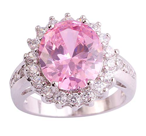 SumBonum 925 Sterling Silver Created Pink Topaz Filled Oval Halo Statement Flower Shaped Ring,Size 7