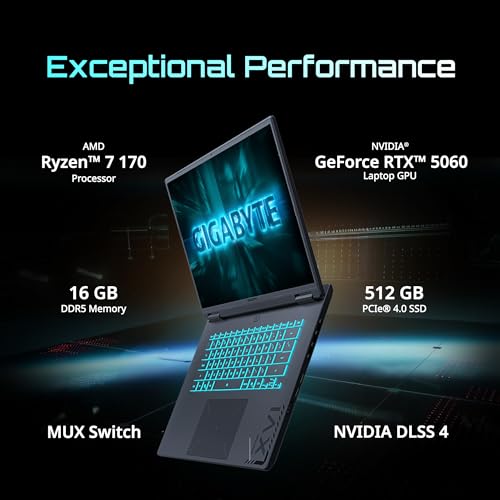 Image of GIGABYTE - Gaming A16 Gaming Laptop - 165Hz 1920x1200 WUXGA - NVIDIA GeForce RTX 5060 - AMD Ryzen 7 170-512 GB SSD- 16GB DDR5 RAM - Windows 11 Home AD - Black Steel - Gaming A16 5VHP3US893SH