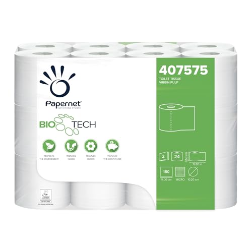 Papernet Bio Tech - Papier Hygiénique (407575), 24 Rouleaux en Cellulose Pure et Longueur de 19,8 m, 2 épaisseurs, 180 Feuilles 9,5 x 11cm par Rouleau