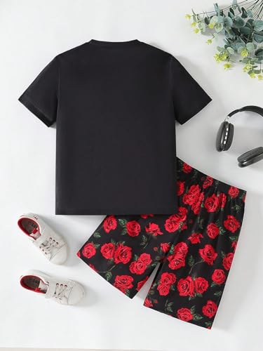 Image of RoseSeek Boy's 2 Piece Outfits Floral Print Short Sleeve Crewneck T Shirt and Shorts Set Summer Outfits