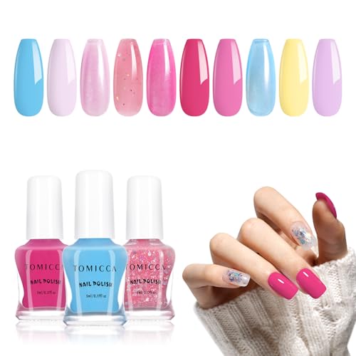 TOMICCA Vernis à Ongles Pastel, 10 Couleurs Vernis à Ongles Lot Rose Jaune Bleu Violet Pailleté, Décollable à Base d'eau pour DIY Nail Art Manucure