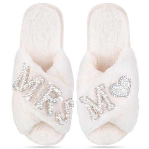 Tarpop Bride Slippers Mrs Slipper for Wedding with Personalized Initial Pearl Design Bridal Gifts