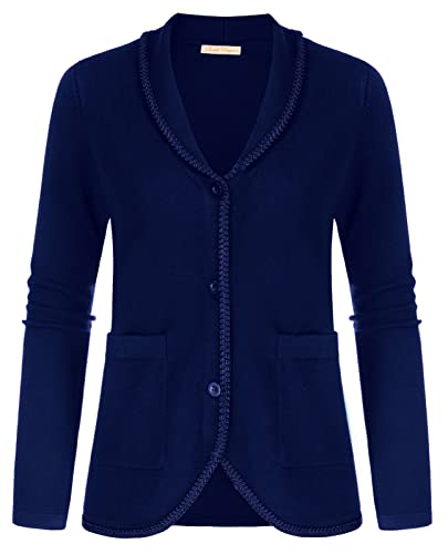 Ladies Sweater Blazer Knit Cardigan Soft Button Up Sweater With Pockets (Blue, S) #TOP30